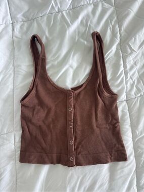 Ribbed Button-Front Scoop Tank Top - Brown